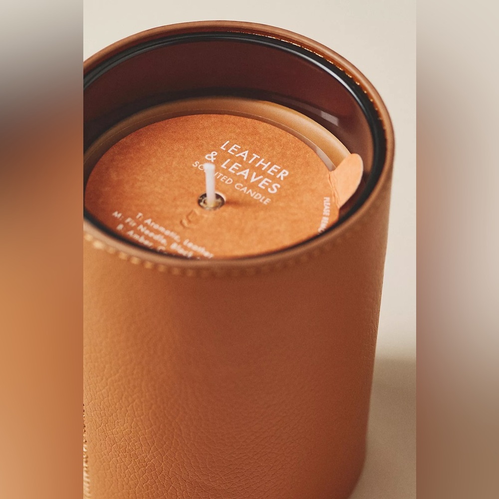 Anthropologie Icon Embossed Woody Leather & Leaves Glass Candle With Leather - Picture 2 of 3
